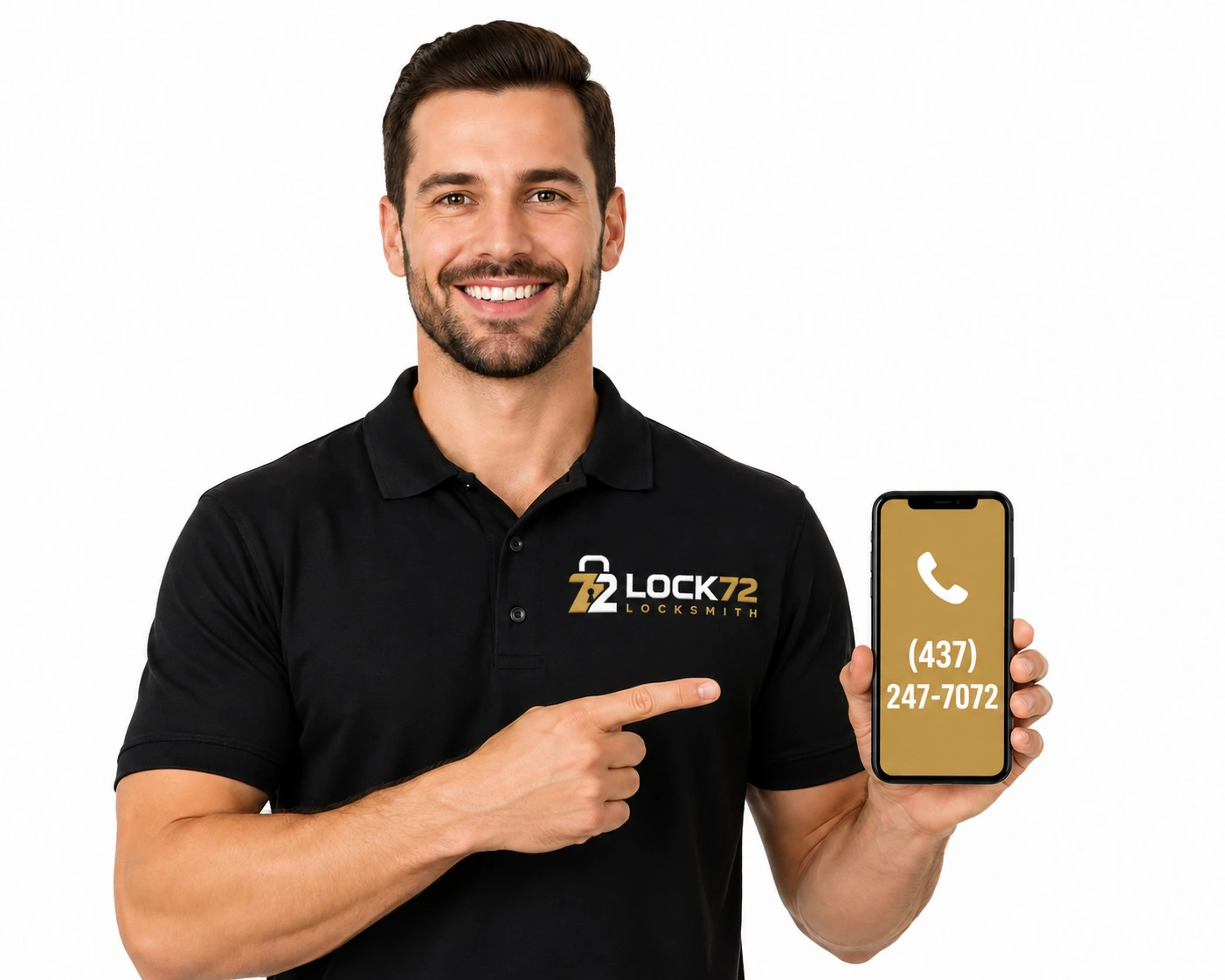 Lock72 technician wearing the new gold and white logo and holding a phone with a gold screen
