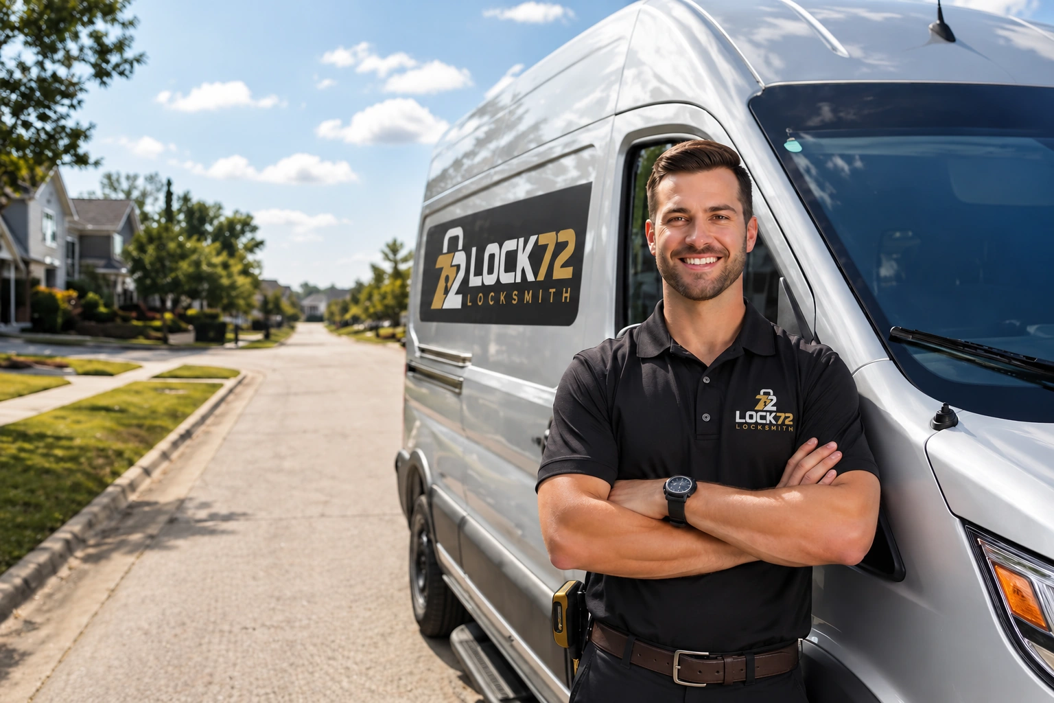 Lock72 technician beside a service van with the new gold and white logo