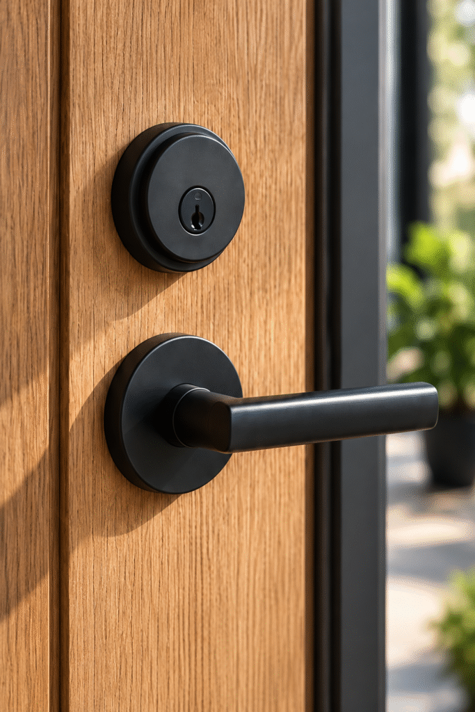 Illustrative matte black deadbolt and lever on an oak door